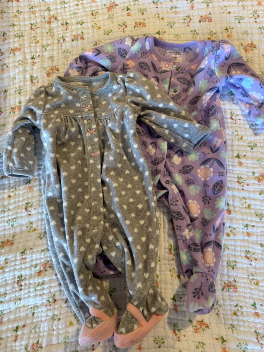2 Baby Fleece Footed Pajamas - Gray Hearts & Lavender Floral